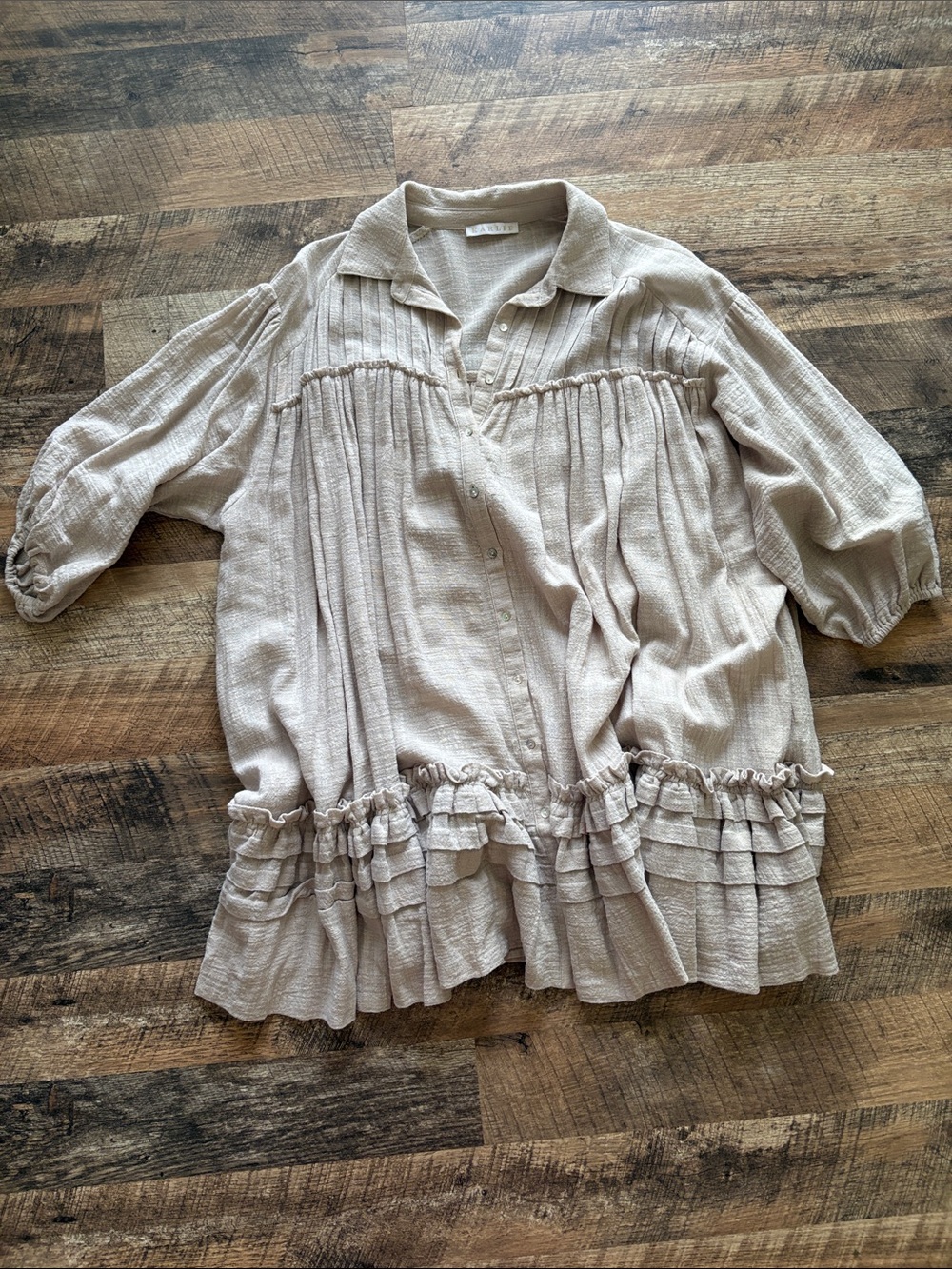 Karlie Soft Taupe Ruffle-Trim Button Down Dress